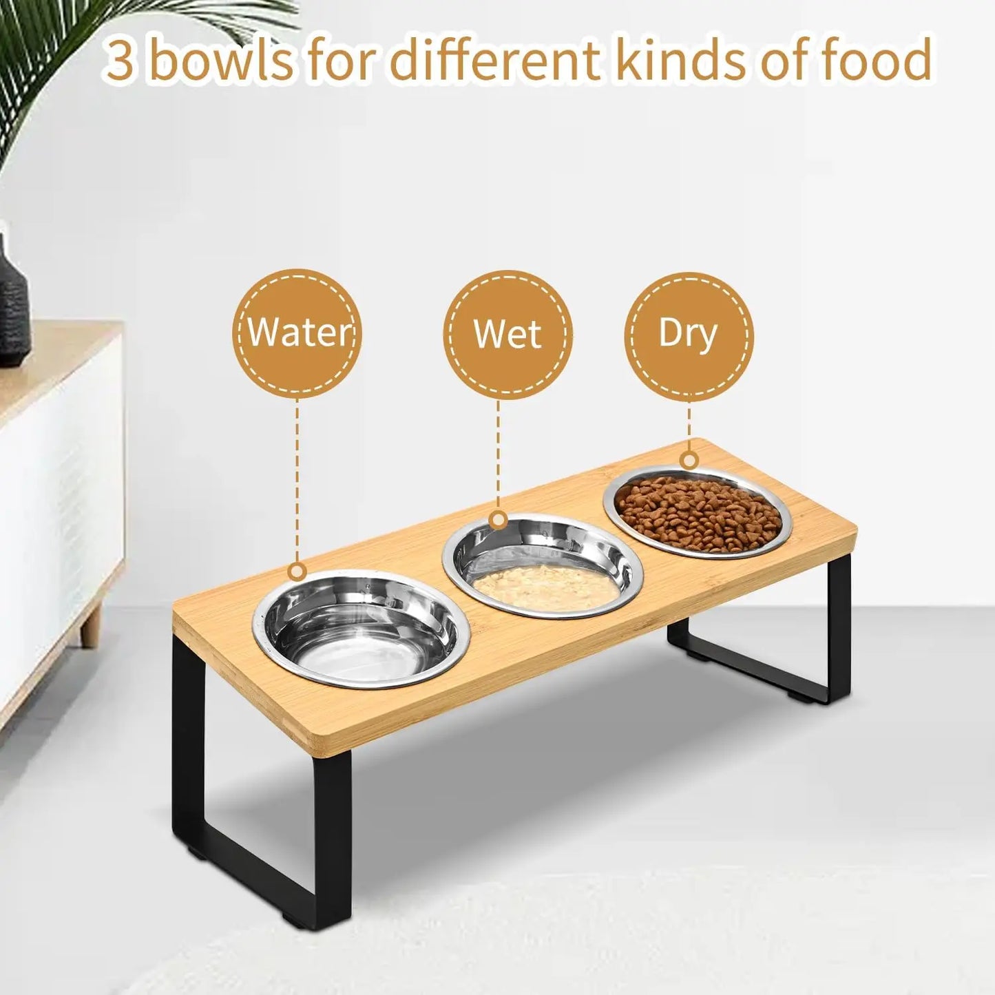 Elevated Pet Food Bowl with 3 Stainless Steel Bowls, 15°
