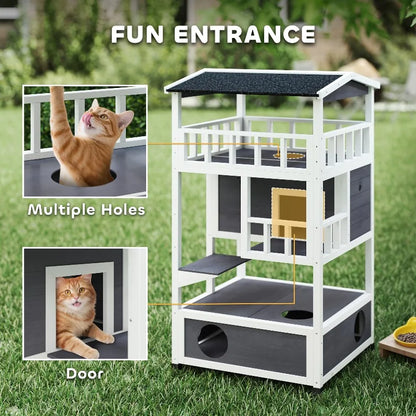 Outdoor Cat House 3 Tier PawHut Wooden Shelter with Asphalt Roof