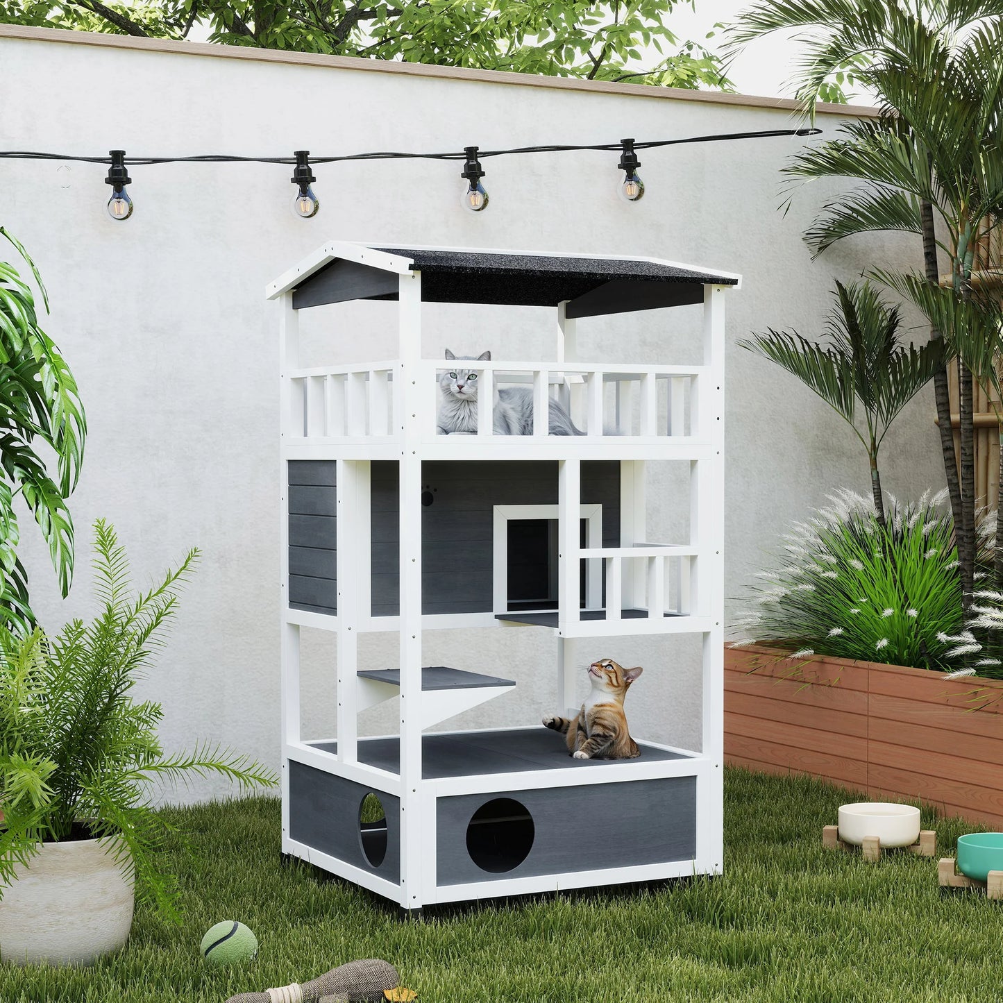 Outdoor Cat House 3 Tier PawHut Wooden Shelter with Asphalt Roof