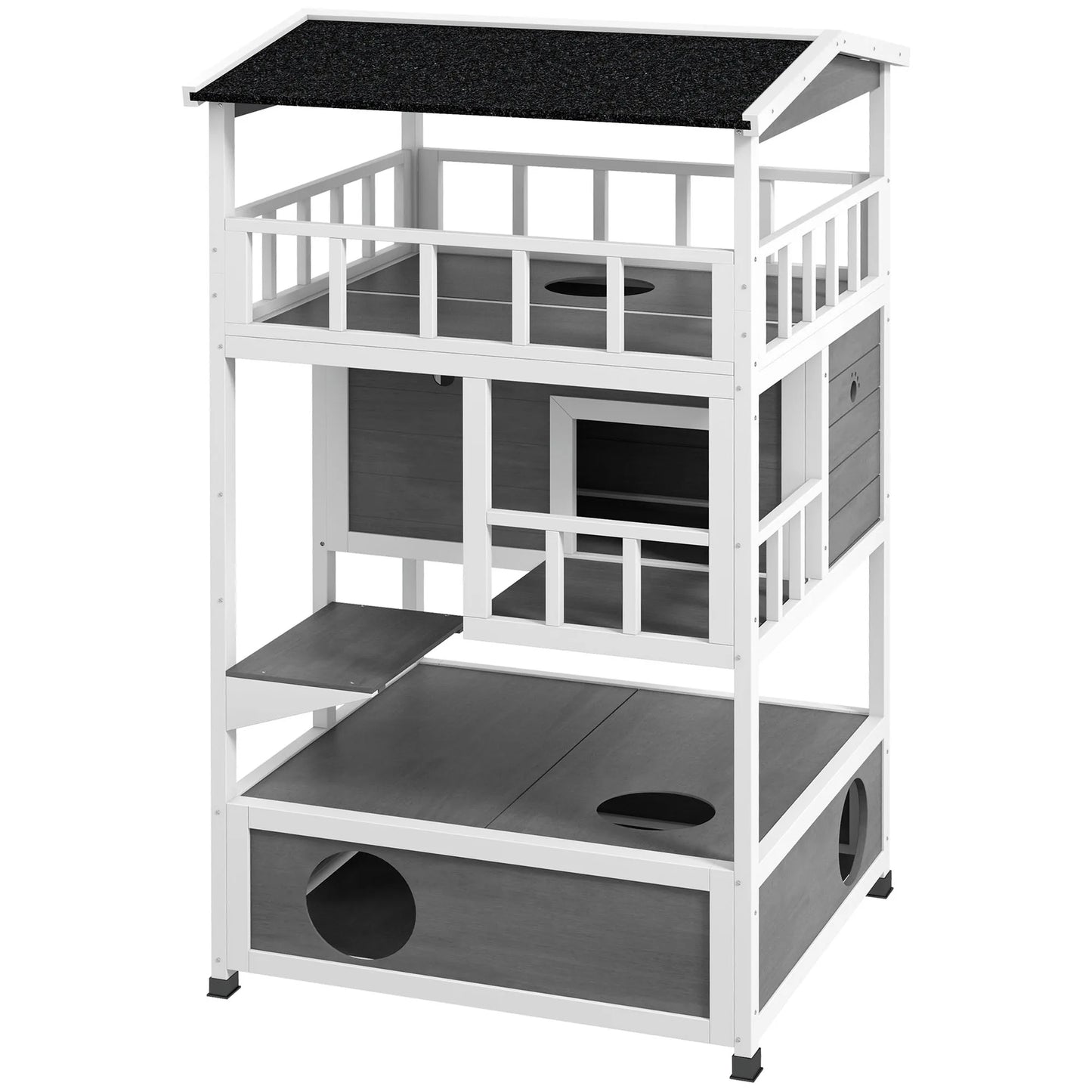 Outdoor Cat House 3 Tier PawHut Wooden Shelter with Asphalt Roof