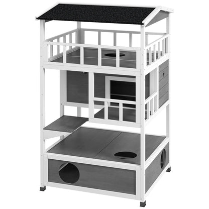 Outdoor Cat House 3 Tier PawHut Wooden Shelter with Asphalt Roof