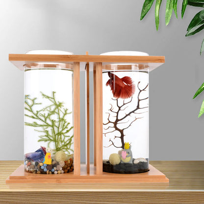 Betta Fish Tank LED Light Bamboo Base 2 Tanks