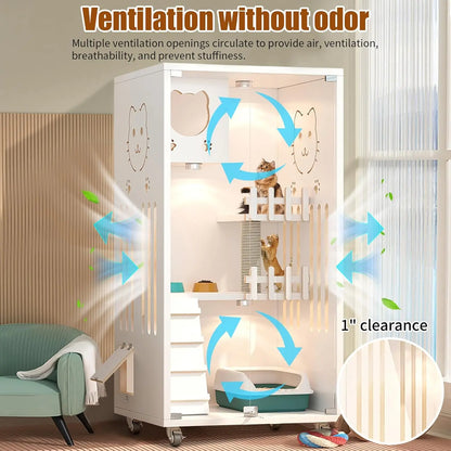 Wooden Indoor Cat  Condo with Scratching Post Wheels Tempered Glass Doors
