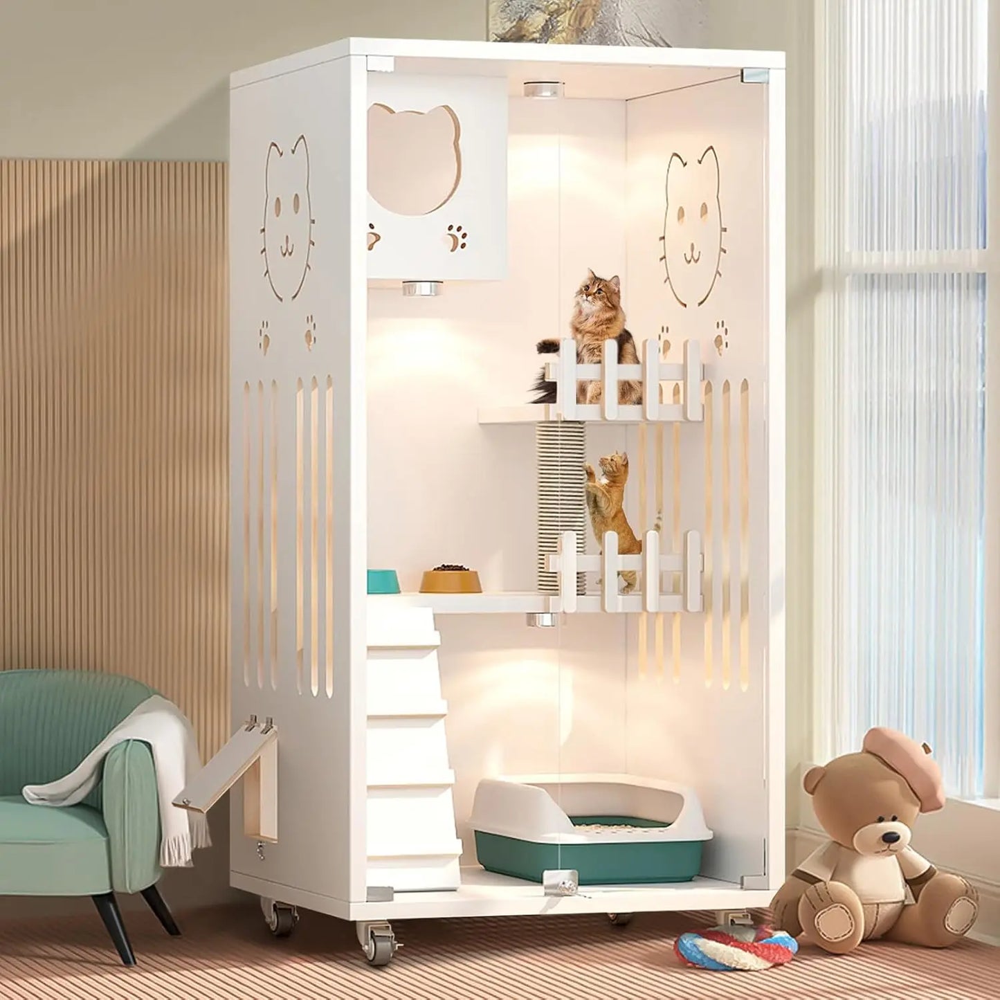 Wooden Indoor Cat  Condo with Scratching Post Wheels Tempered Glass Doors
