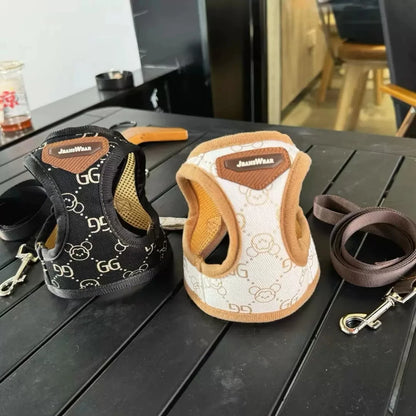 Black Khaki Dog Harness Vest And Leash Set