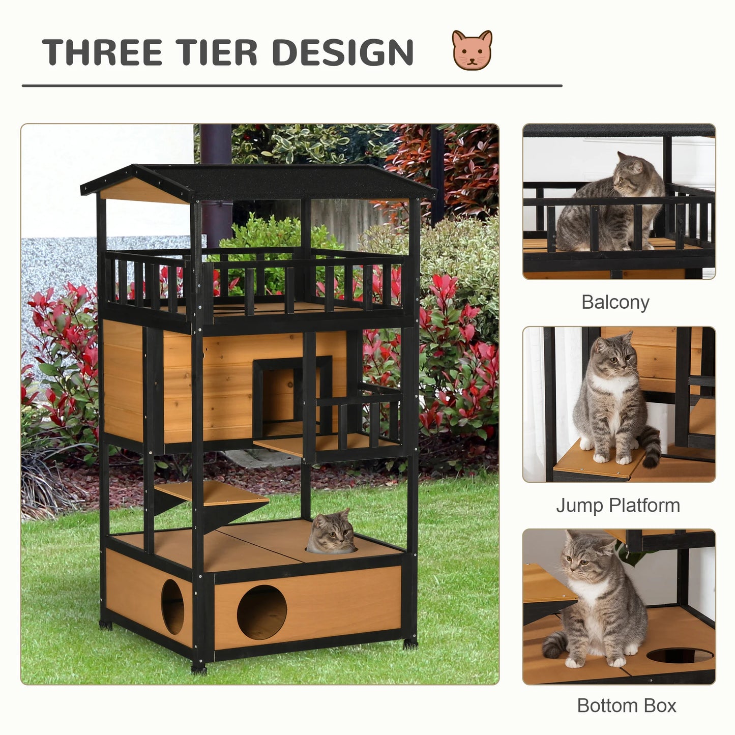 Outdoor Cat House 3 Tier PawHut Wooden Shelter with Asphalt Roof