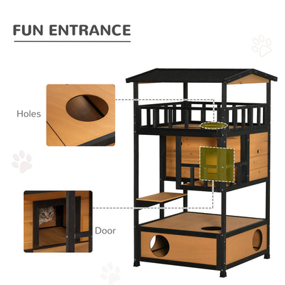Outdoor Cat House 3 Tier PawHut Wooden Shelter with Asphalt Roof
