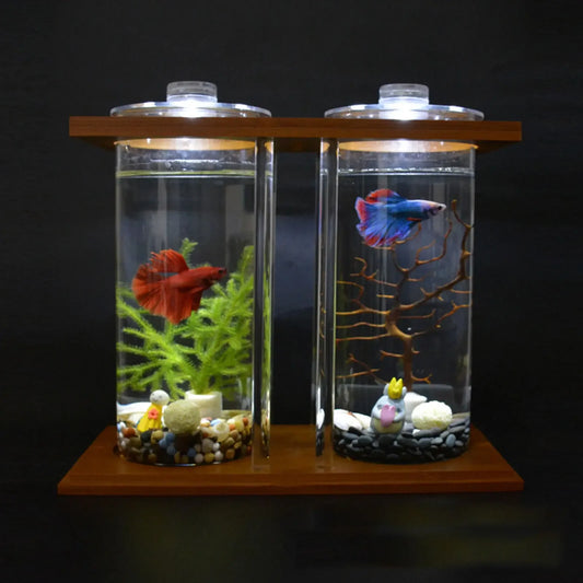 Betta Fish Tank LED Light Bamboo Base 2 Tanks