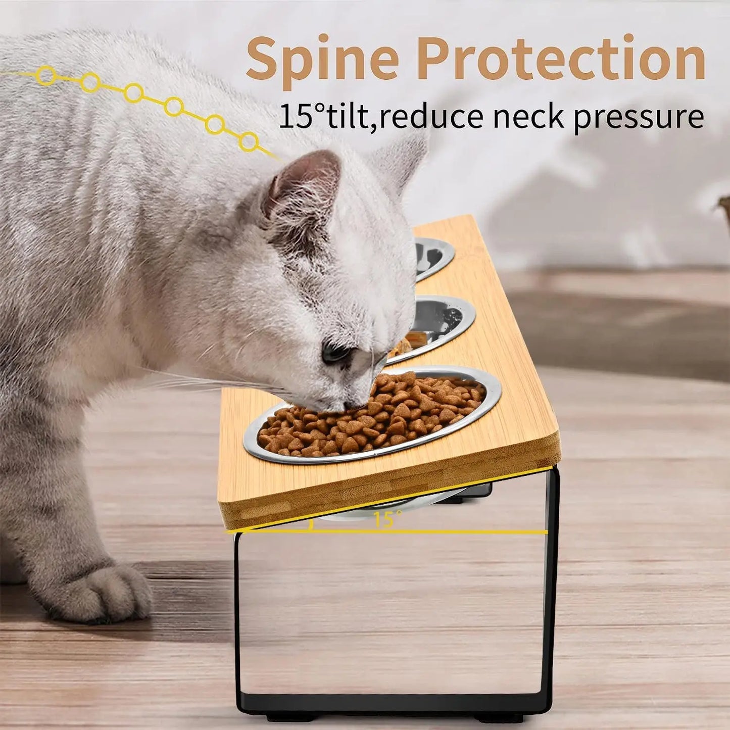 Elevated Pet Food Bowl with 3 Stainless Steel Bowls, 15°