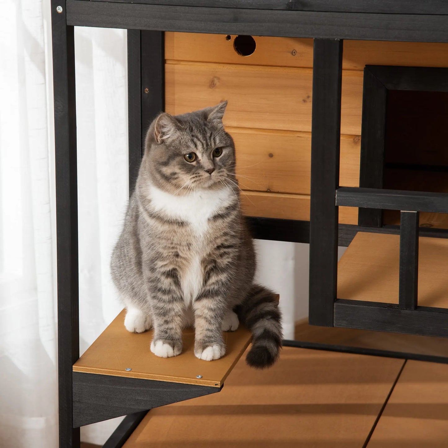 Outdoor Cat House 3 Tier PawHut Wooden Shelter with Asphalt Roof