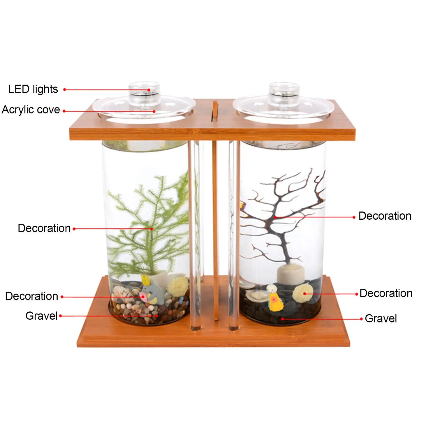 Betta Fish Tank LED Light Bamboo Base 2 Tanks