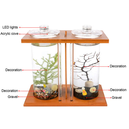 Betta Fish Tank LED Light Bamboo Base 2 Tanks