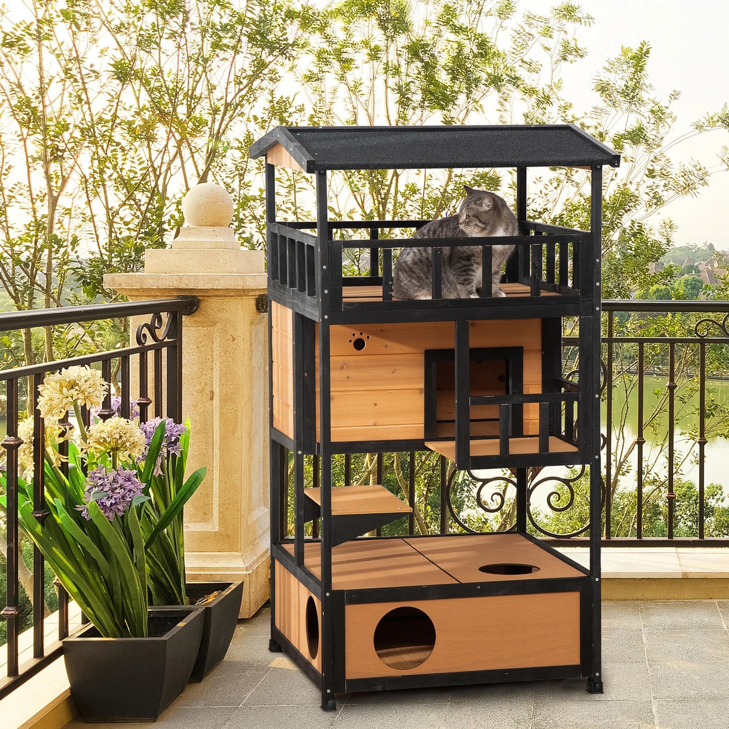 Outdoor Cat House 3 Tier PawHut Wooden Shelter with Asphalt Roof