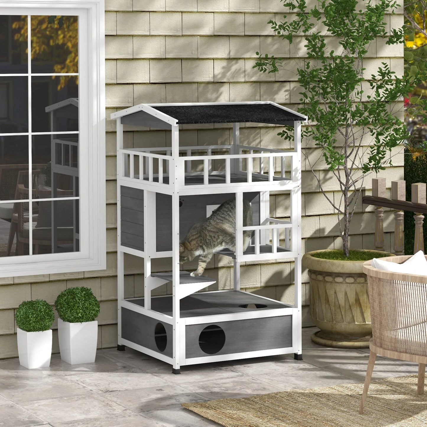 Outdoor Cat House 3 Tier PawHut Wooden Shelter with Asphalt Roof