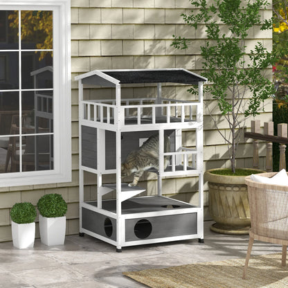 Outdoor Cat House 3 Tier PawHut Wooden Shelter with Asphalt Roof