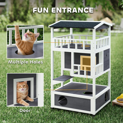 Outdoor Cat House 3 Tier PawHut Wooden Shelter with Asphalt Roof