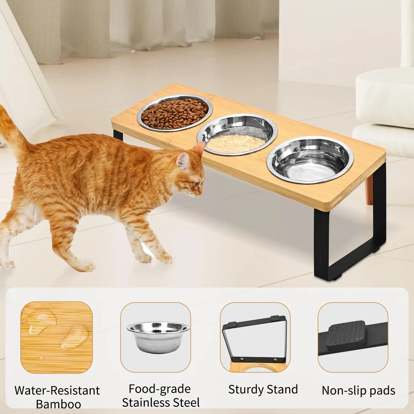 Elevated Pet Food Bowl with 3 Stainless Steel Bowls, 15°