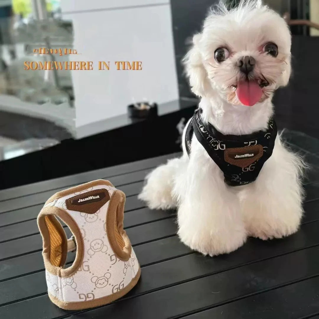 Black Khaki Dog Harness Vest And Leash Set
