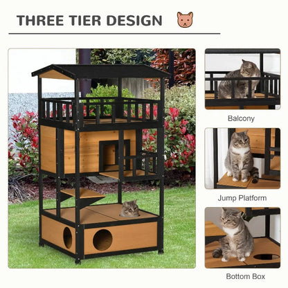 Outdoor Cat House 3 Tier PawHut Wooden Shelter with Asphalt Roof