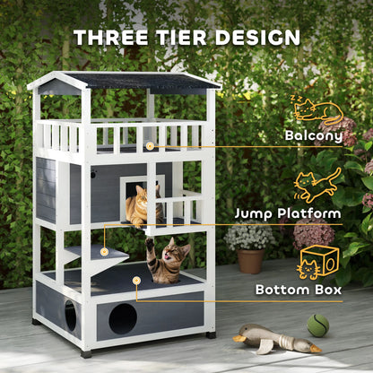 Outdoor Cat House 3 Tier PawHut Wooden Shelter with Asphalt Roof