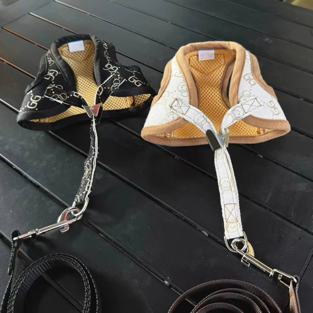 Black Khaki Dog Harness Vest And Leash Set
