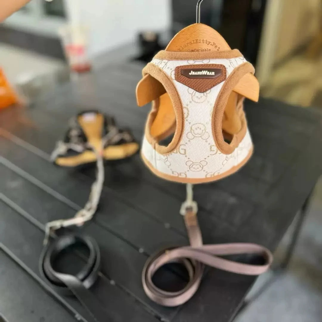 Black Khaki Dog Harness Vest And Leash Set