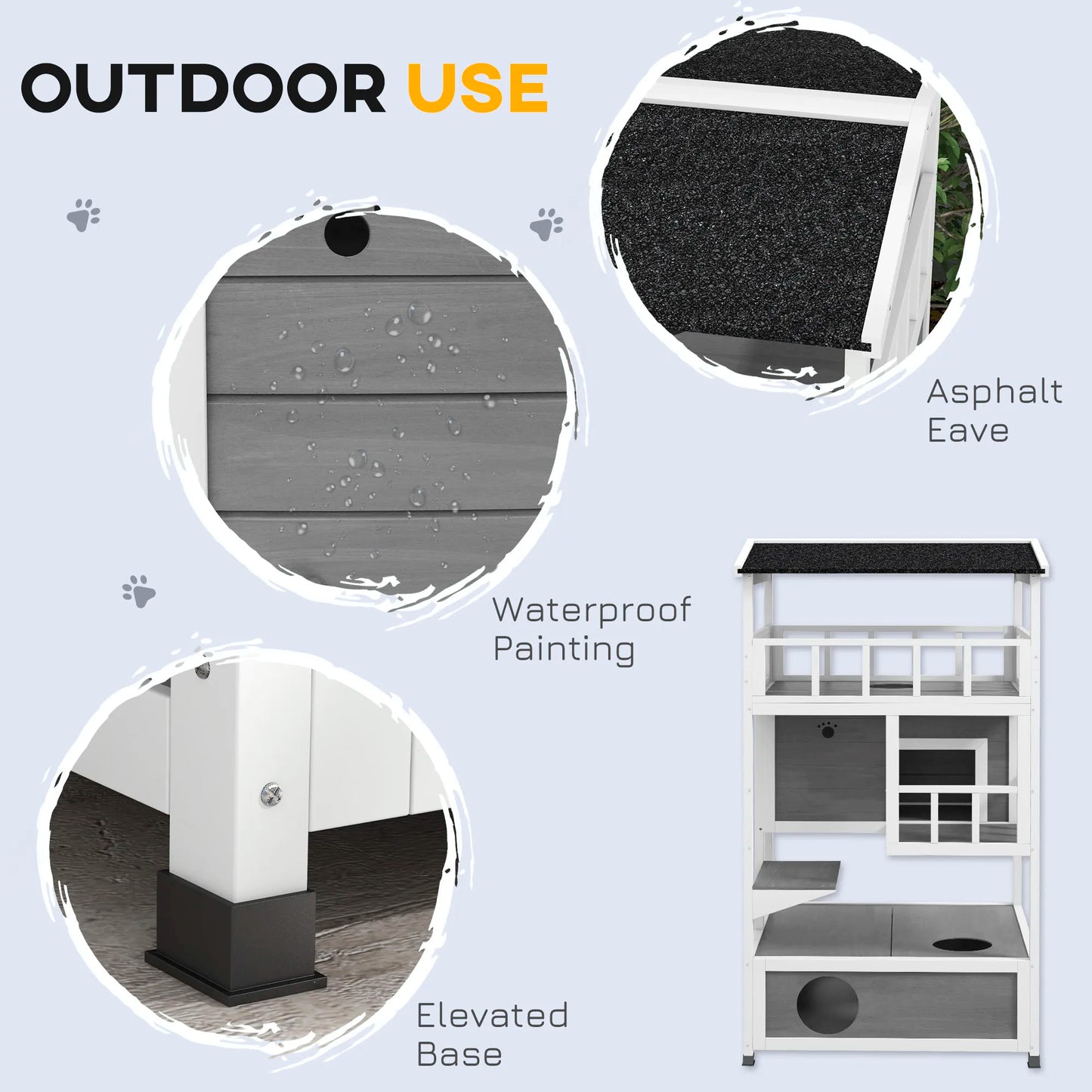 Outdoor Cat House 3 Tier PawHut Wooden Shelter with Asphalt Roof