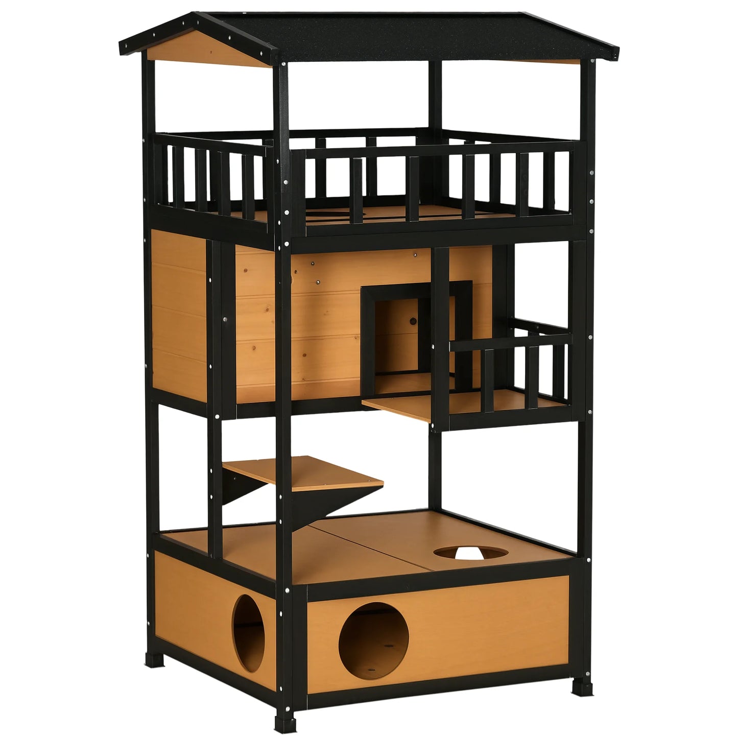 Outdoor Cat House 3 Tier PawHut Wooden Shelter with Asphalt Roof