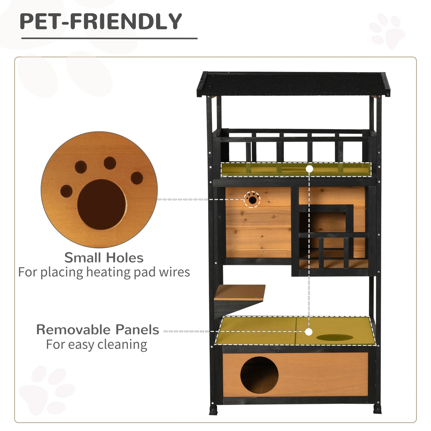 Outdoor Cat House 3 Tier PawHut Wooden Shelter with Asphalt Roof