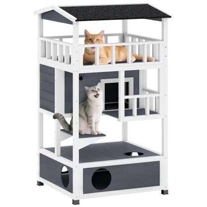Outdoor Cat House 3 Tier PawHut Wooden Shelter with Asphalt Roof