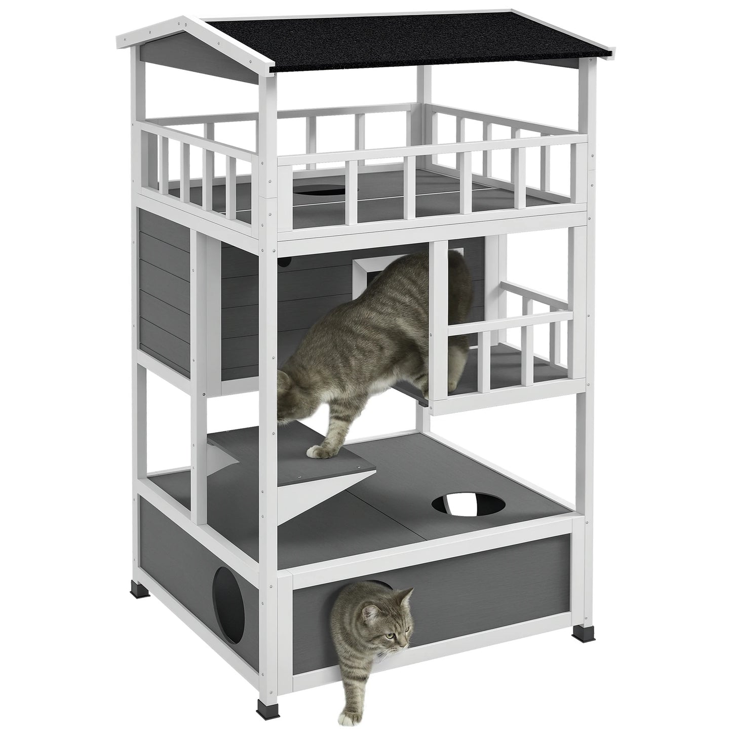 Outdoor Cat House 3 Tier PawHut Wooden Shelter with Asphalt Roof