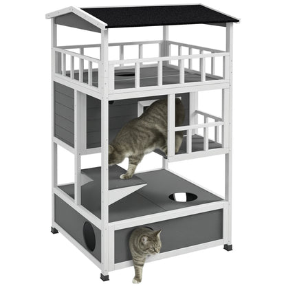 Outdoor Cat House 3 Tier PawHut Wooden Shelter with Asphalt Roof