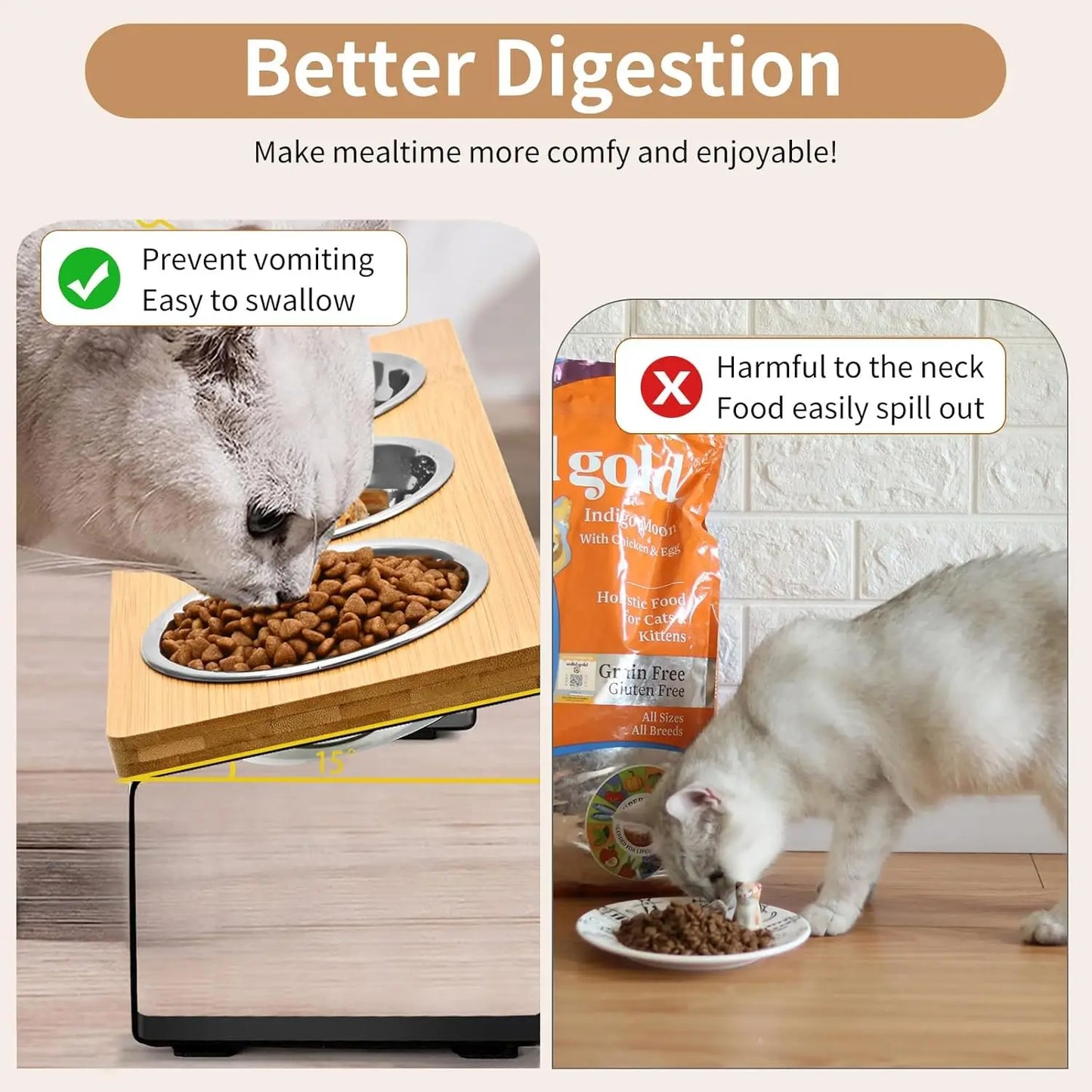 Elevated Pet Food Bowl with 3 Stainless Steel Bowls, 15°