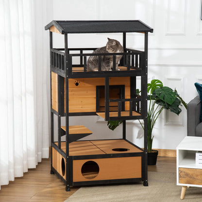 Outdoor Cat House 3 Tier PawHut Wooden Shelter with Asphalt Roof