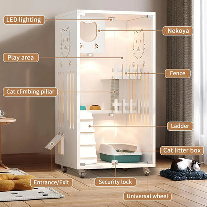 Wooden Indoor Cat  Condo with Scratching Post Wheels Tempered Glass Doors