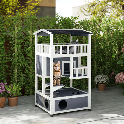 Outdoor Cat House 3 Tier PawHut Wooden Shelter with Asphalt Roof