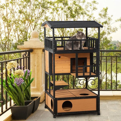 Outdoor Cat House 3 Tier PawHut Wooden Shelter with Asphalt Roof