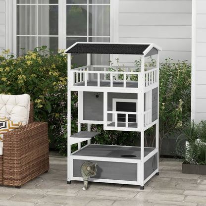 Outdoor Cat House 3 Tier PawHut Wooden Shelter with Asphalt Roof