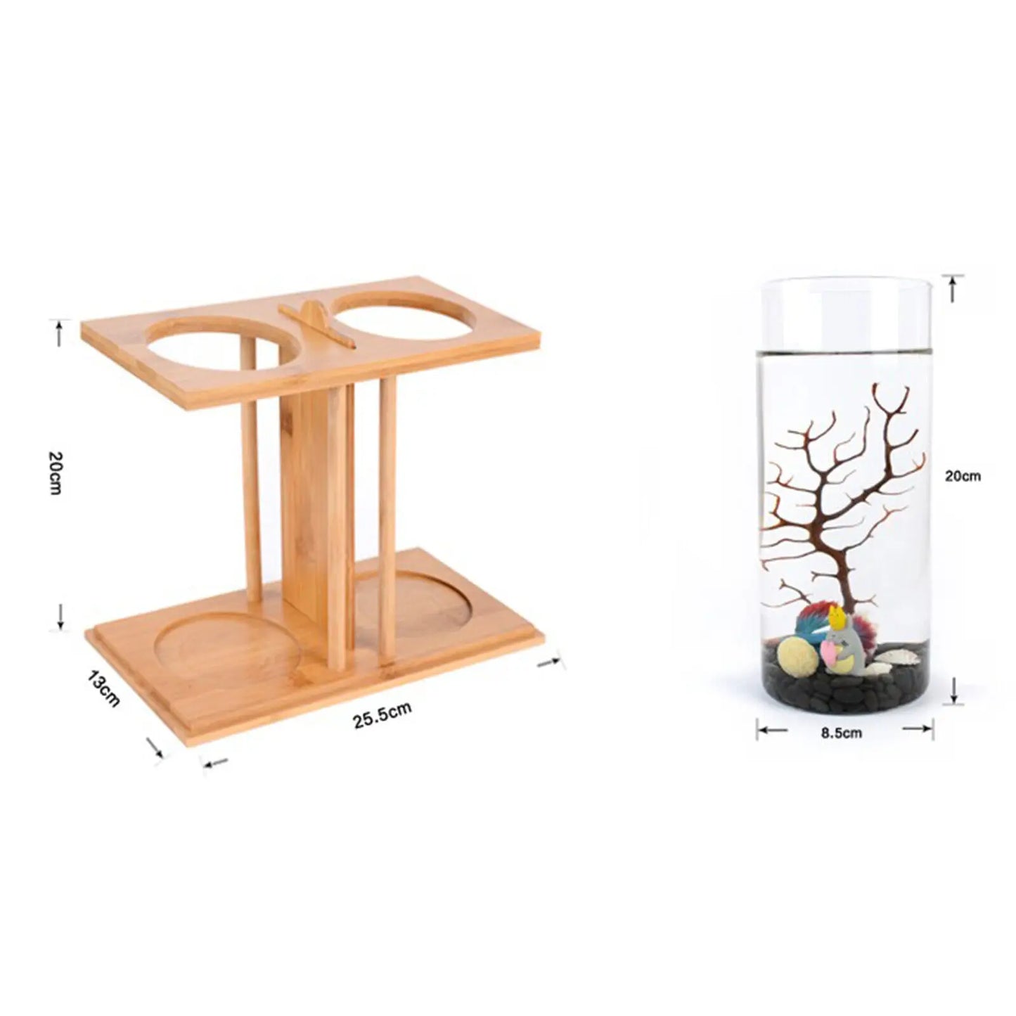 Betta Fish Tank LED Light Bamboo Base 2 Tanks