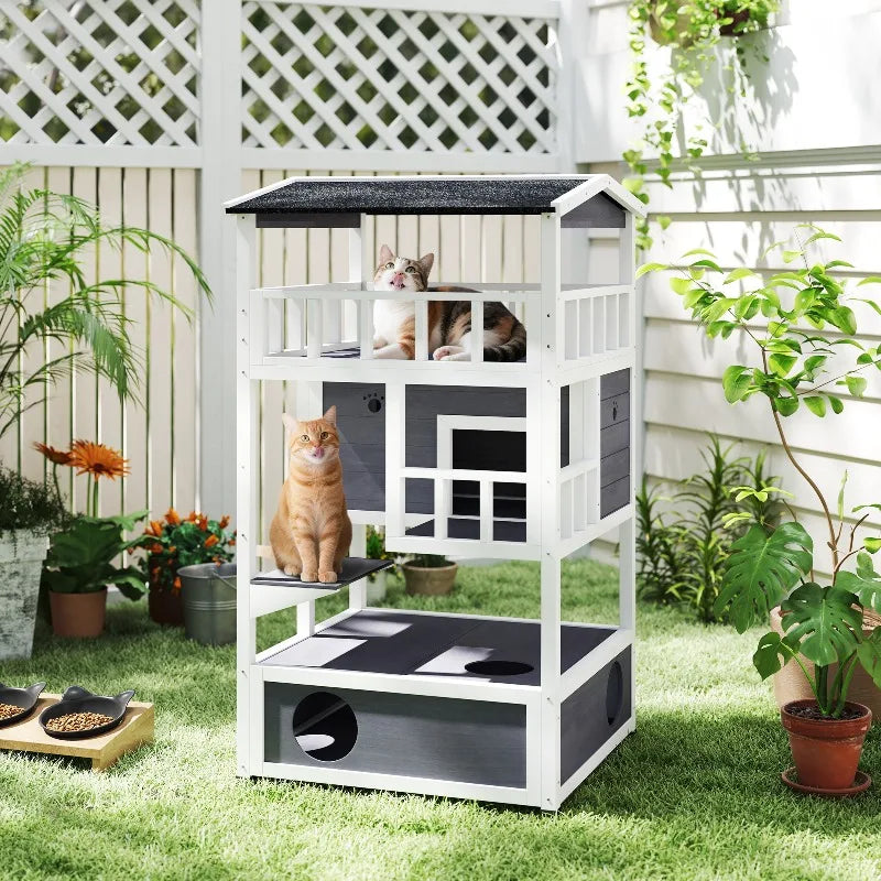 Outdoor Cat House 3 Tier PawHut Wooden Shelter with Asphalt Roof