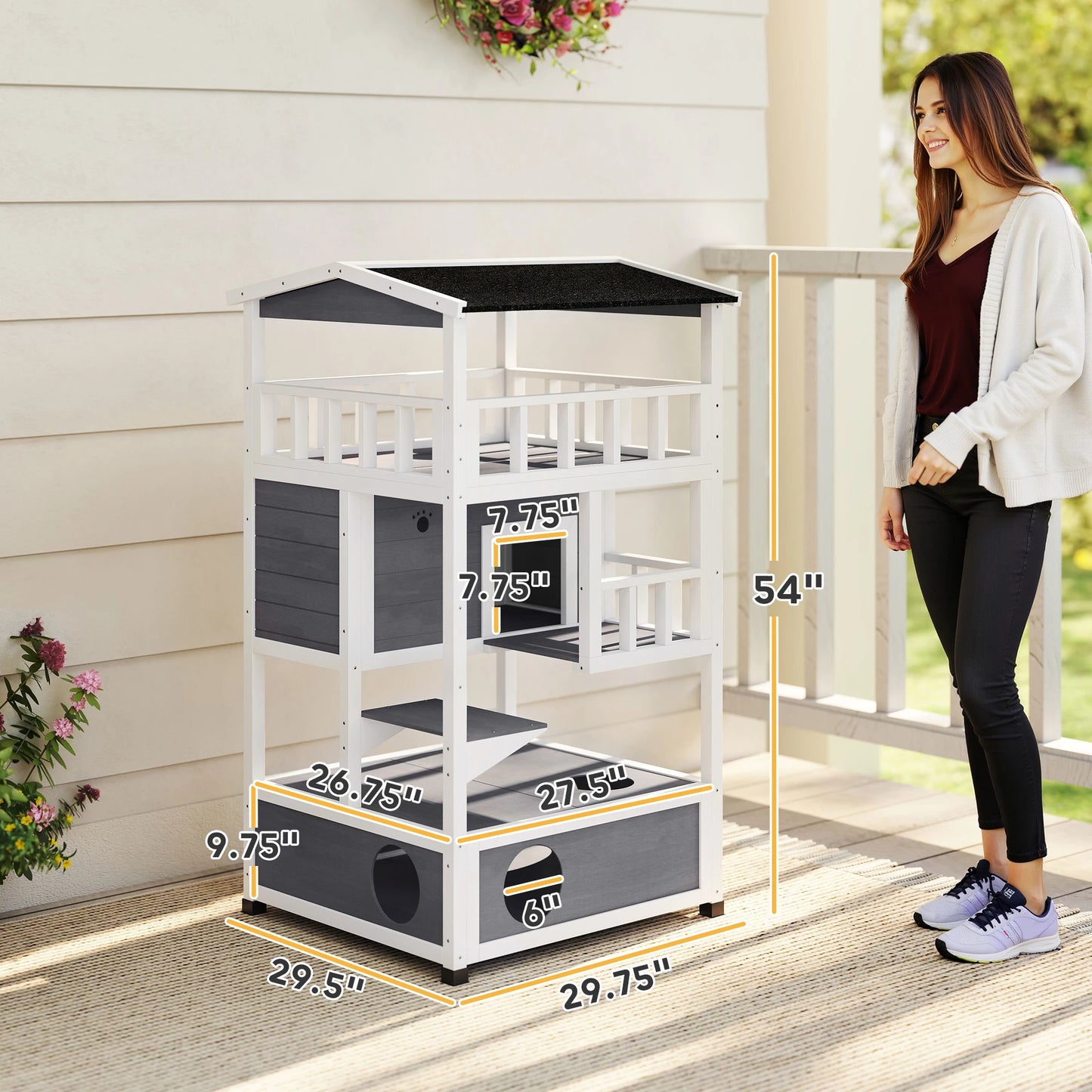 Outdoor Cat House 3 Tier PawHut Wooden Shelter with Asphalt Roof