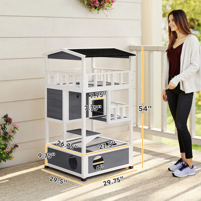 Outdoor Cat House 3 Tier PawHut Wooden Shelter with Asphalt Roof