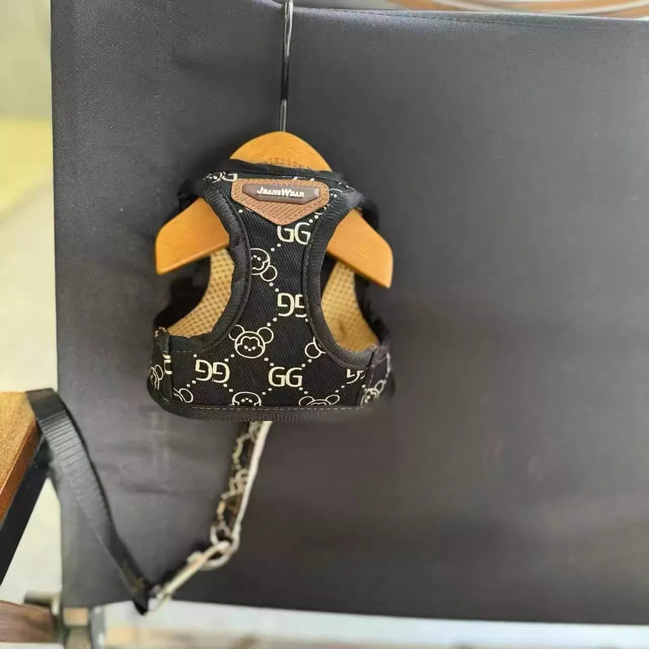 Black Khaki Dog Harness Vest And Leash Set