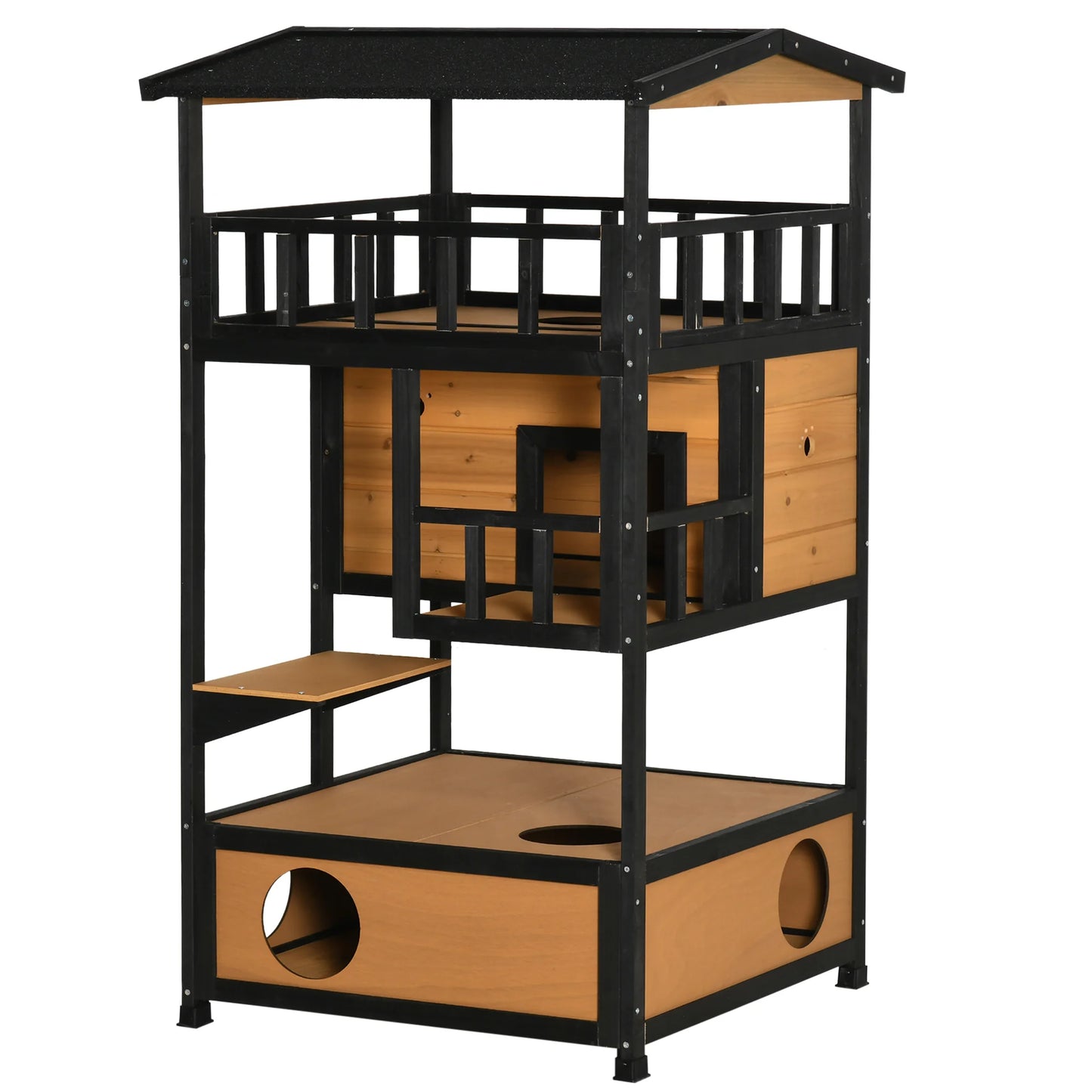Outdoor Cat House 3 Tier PawHut Wooden Shelter with Asphalt Roof