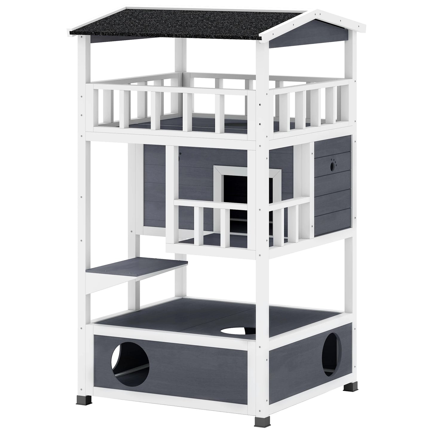 Outdoor Cat House 3 Tier PawHut Wooden Shelter with Asphalt Roof