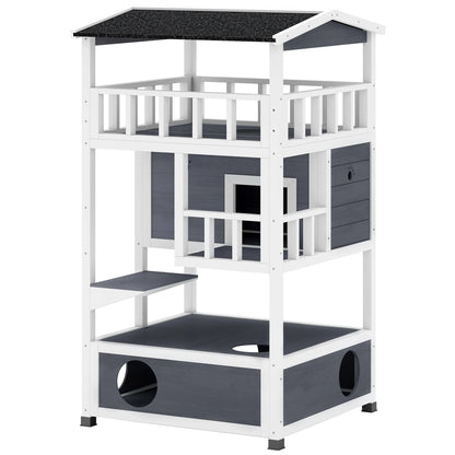 Outdoor Cat House 3 Tier PawHut Wooden Shelter with Asphalt Roof
