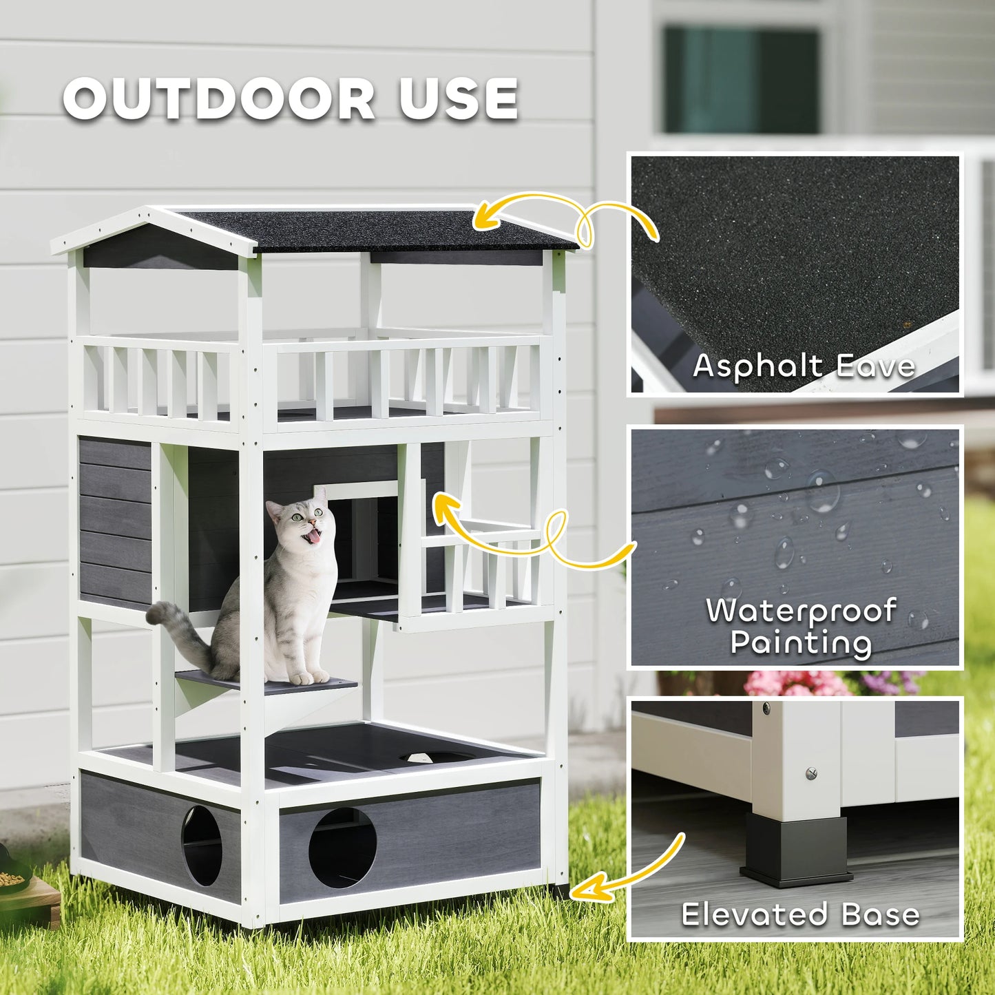 Outdoor Cat House 3 Tier PawHut Wooden Shelter with Asphalt Roof