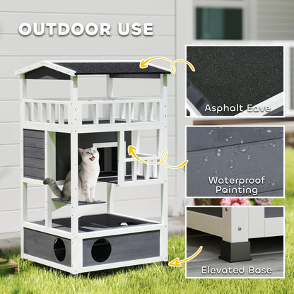 Outdoor Cat House 3 Tier PawHut Wooden Shelter with Asphalt Roof