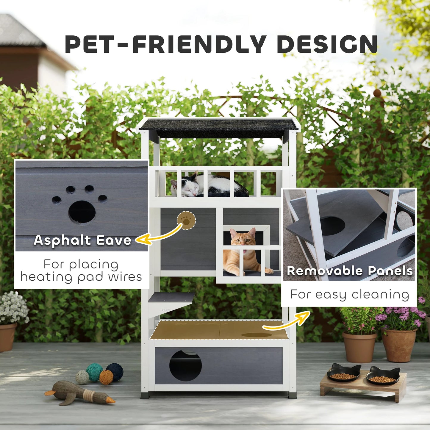 Outdoor Cat House 3 Tier PawHut Wooden Shelter with Asphalt Roof