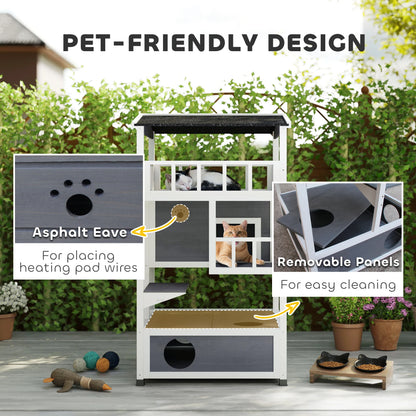 Outdoor Cat House 3 Tier PawHut Wooden Shelter with Asphalt Roof
